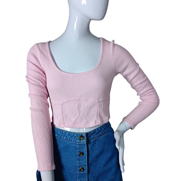 PAC Cares Ribbed Cropped Top Size Small Soft Pastel PInk Long Sleeve Wide Neck - Picture 1 of 8